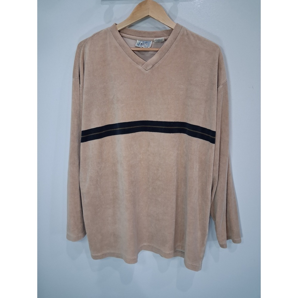 90s Canyon River Blues Mens XXL Tan Velour V-Neck Pullover Long Sleeve Stripe